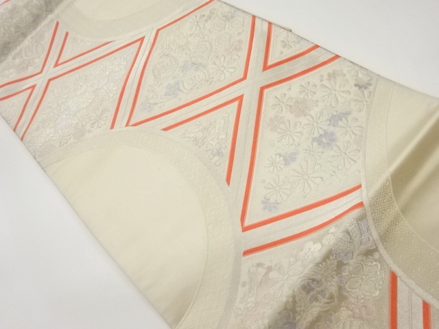 リサイクル　菱に花々・宝尽くし模様織出し袋帯